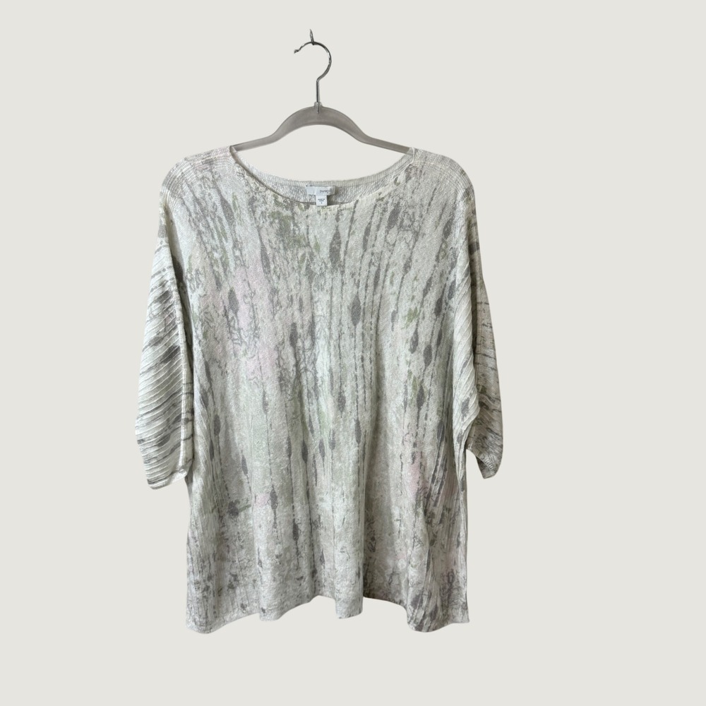 Pure Jill J. Jill Linen Blend White Green Knit Top Coastal Boho Oversized S
